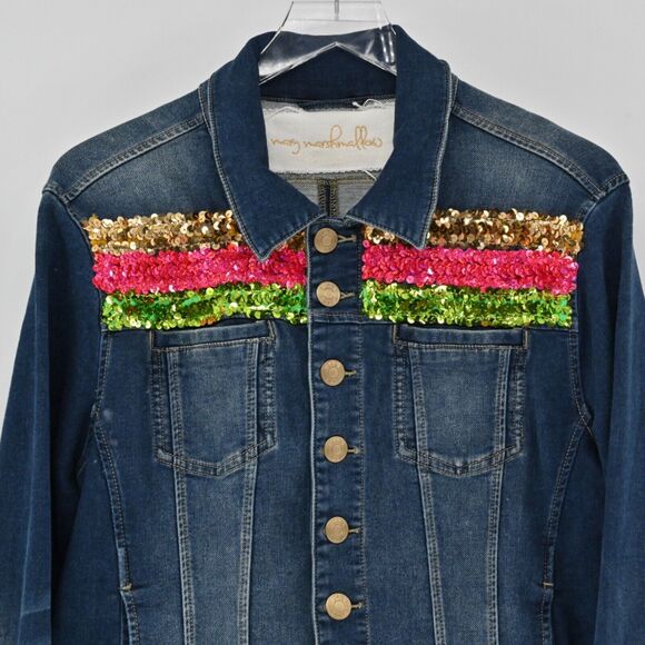 MARY MARSHMALLOW Jacket Womens Sz L Colorful Metallic Sequin Stripe Denim Preppy - Picture 2 of 15